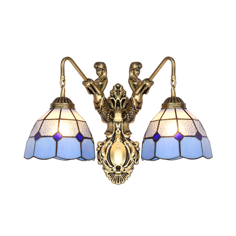 Blue Glass Brass Wall Light Fixture Dome 2 Heads Tiffany Sconce Lighting with Mermaid Backplate Clearhalo 'Cast Iron' 'Glass' 'Industrial' 'Middle century wall lights' 'Modern' 'Tiffany wall lights' 'Tiffany' 'Traditional wall lights' 'Wall Lamps & Sconces' 'Wall Lights' Lighting' 174865