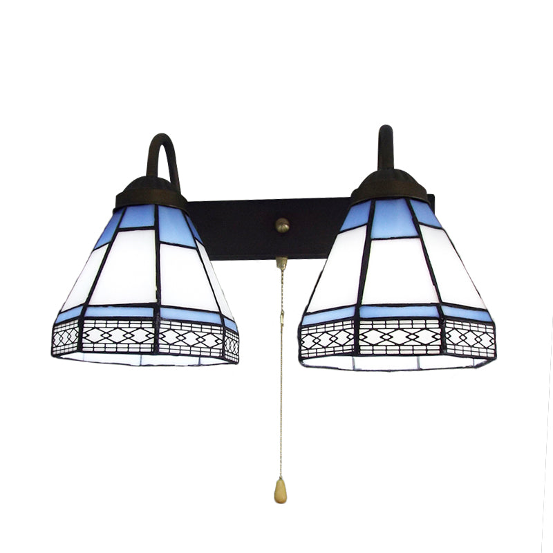 2 Heads Wall Mounted Light Tiffany Conical White Glass Sconce Light with Pull Chain Clearhalo 'Industrial' 'Middle century wall lights' 'Tiffany wall lights' 'Tiffany' 'Wall Lamps & Sconces' 'Wall Lights' Lighting' 175414