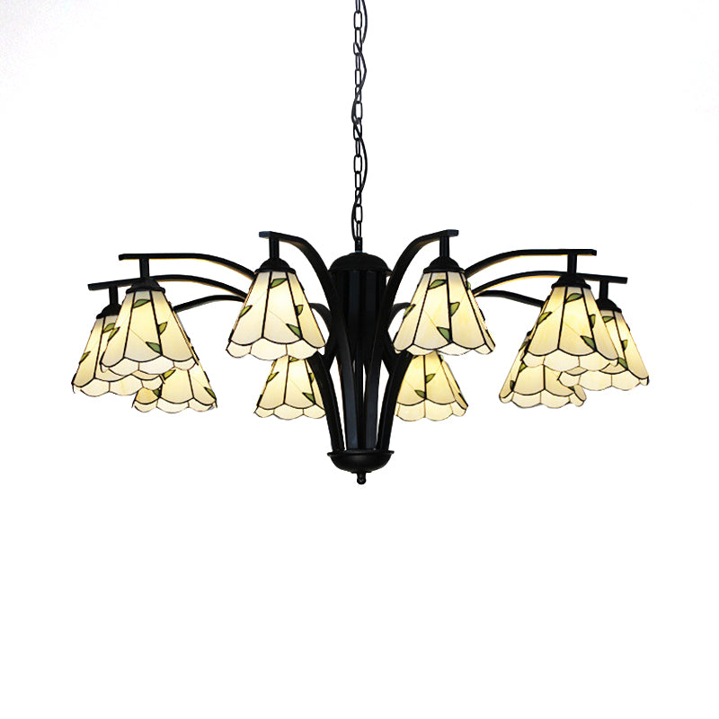 Multi Light Cone Chandelier with Leaf Pattern Stained Glass Traditional Ceiling Pendant Light in Blue/Green Clearhalo 'Ceiling Lights' 'Chandeliers' 'Industrial' 'Middle Century Chandeliers' 'Tiffany Chandeliers' 'Tiffany close to ceiling' 'Tiffany' Lighting' 175724