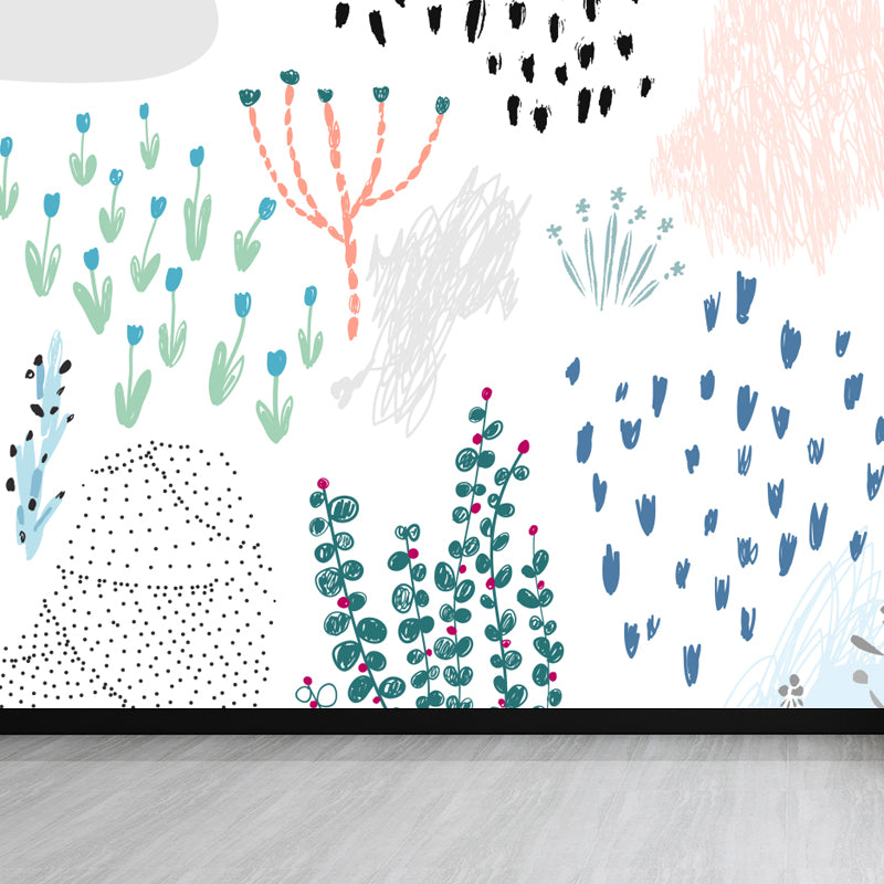 Pastel Plants Drawing Mural Decal Botanical Childrens Art Wall Decor for Nursery Blackish Green Clearhalo 'Wall Decor' 'Wall Mural' 1758766