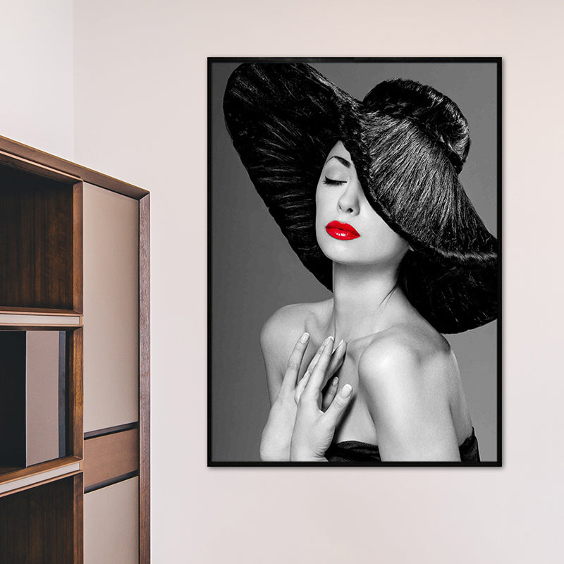 Soft Color Vintage Canvas Hatted Girl Painting for Dining Room, Multiple Sizes Options Grey Clearhalo 'Arts' 'Canvas Art' 1760819