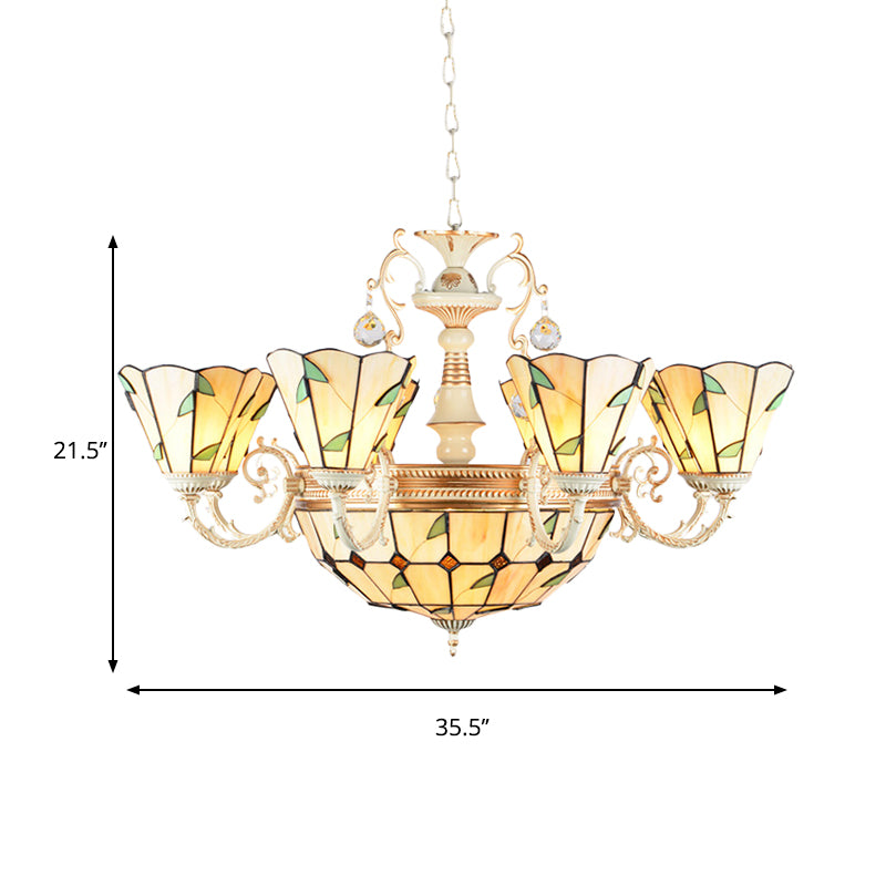 9/11 Lights Leaf Indoor Pendant Light with Cone and Dome Shade Stained Glass Rustic Chandelier in Beige Clearhalo 'Ceiling Lights' 'Chandeliers' 'Close To Ceiling Lights' 'Industrial' 'Middle Century Chandeliers' 'Tiffany Chandeliers' 'Tiffany close to ceiling' 'Tiffany' Lighting' 177187