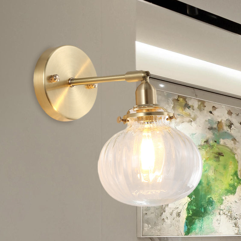 1 Head Wall Mounted Lamp Colonial Orb Clear/Cognac Prismatic Glass Sconce Lighting Fixture in Gold Cognac Clearhalo 'Wall Lamps & Sconces' 'Wall Lights' Lighting' 1772741