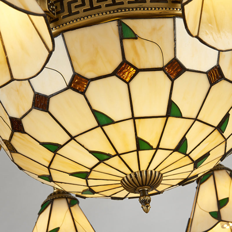 Country Style Dome Pendant Light with Cone Stained Glass 9/11 Lights Chandelier Lamp in Beige Clearhalo 'Ceiling Lights' 'Chandeliers' 'Industrial' 'Middle Century Chandeliers' 'Tiffany Chandeliers' 'Tiffany close to ceiling' 'Tiffany' Lighting' 177353