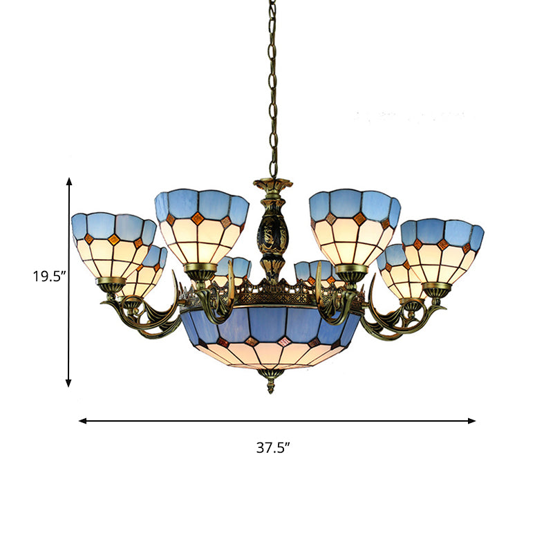 Bowl Shaped Chandelier Lighting Mediterranean Cut Glass 11 Lights Blue Hanging Ceiling Light Clearhalo 'Ceiling Lights' 'Chandeliers' 'Industrial' 'Middle Century Chandeliers' 'Tiffany Chandeliers' 'Tiffany close to ceiling' 'Tiffany' Lighting' 177635
