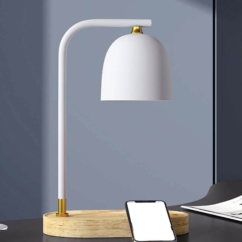 Minimalist 1 Head Nightstand Light Black/White/Red Finish Dome Wooden Night Lamp with Metallic Shade Clearhalo 'Lamps' 'Table Lamps' Lighting' 1781699