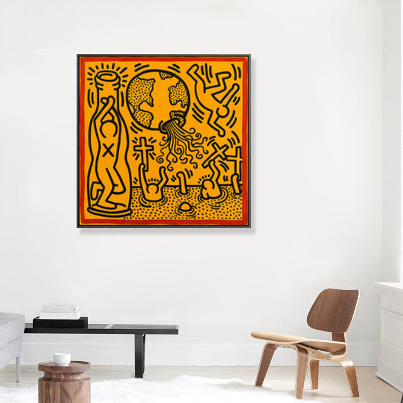 Yellow Pop Art Canvas Print Illustration Keith Haring Figure Drawing Wall Decor for Room Clearhalo 'Arts' 'Canvas Art' 1782311