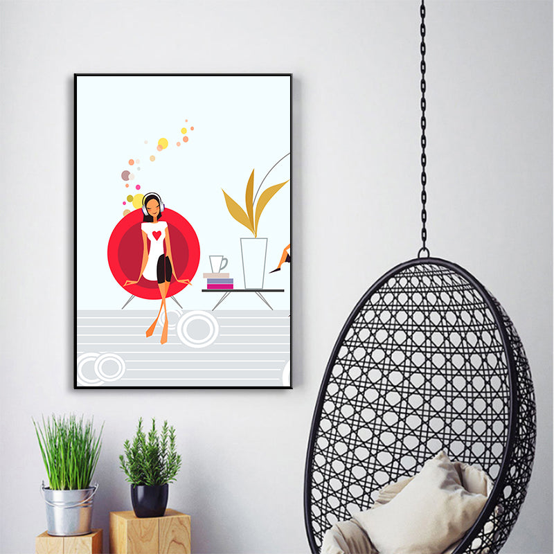 Girl with Headphones Canvas Print Textured Scandinavian House Interior Wall Art Decor Red Clearhalo 'Arts' 'Canvas Art' 1783101