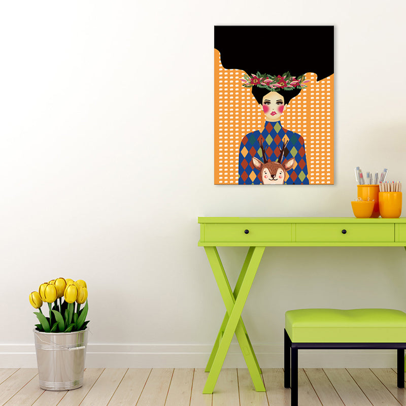 Illustration Undercover Maid Canvas Print Living Room Fashion Wall Art in Pastel Color Yellow Clearhalo 'Arts' 'Canvas Art' 1783141