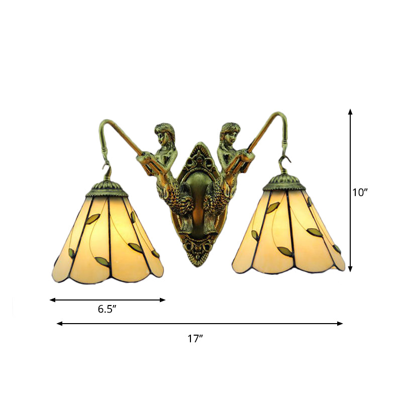 Lily Beige Glass Sconce Light Fixture Tiffany 2 Heads Brass Wall Mounted Light with Mermaid Backplate Clearhalo 'Industrial' 'Middle century wall lights' 'Tiffany wall lights' 'Tiffany' 'Wall Lamps & Sconces' 'Wall Lights' Lighting' 178363