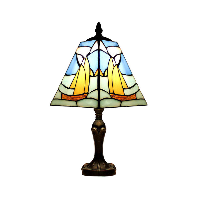 Blue Sea Desk Light with Boat 1 Bulb Nautical Stained Glass Nautical Table Light for Study Room Clearhalo 'Lamps' 'Table Lamps' Lighting' 178528