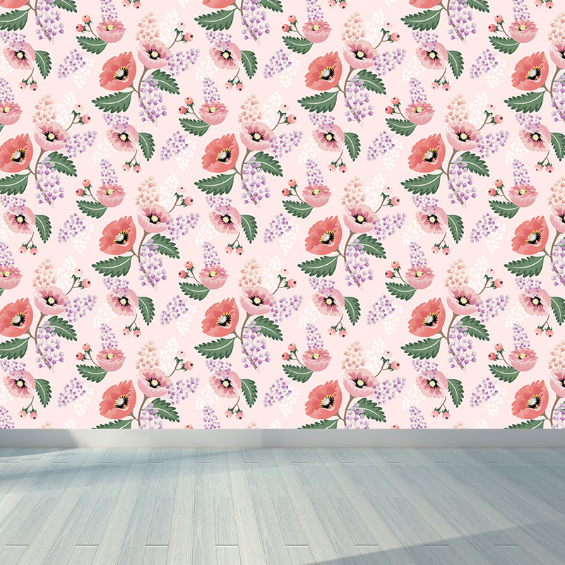Modern Floral Pattern Mural Wallpaper for Bedroom Personalized Wall Decor in Soft Color Pink Clearhalo 'Wall Decor' 'Wall Mural' 1786083