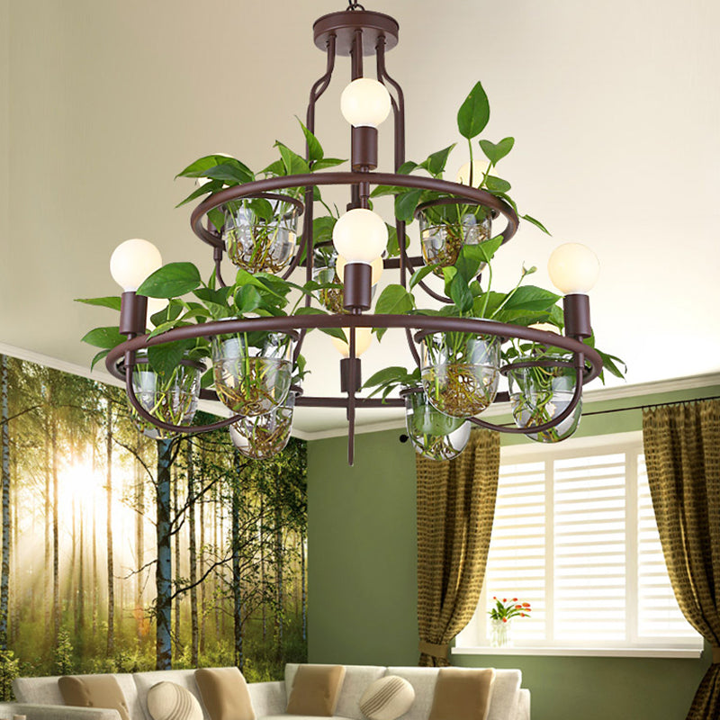 1/2-Tier Metal Chandelier Light Industrial 4/7/10 Bulbs Living Room LED Hanging Lamp in Coffee Clearhalo 'Cast Iron' 'Ceiling Lights' 'Chandeliers' 'Industrial Chandeliers' 'Industrial' 'Metal' 'Middle Century Chandeliers' 'Rustic Chandeliers' 'Tiffany' Lighting' 1786712