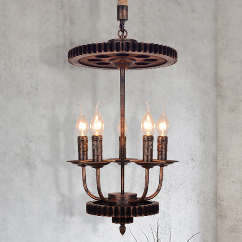 1/5-Light Pendant Light Kit Vintage Gear Metal Down Lighting in Rust for Coffee Shop with Rope Rod Clearhalo 'Art Deco Pendants' 'Cast Iron' 'Ceiling Lights' 'Ceramic' 'Crystal' 'Industrial Pendants' 'Industrial' 'Metal' 'Middle Century Pendants' 'Pendant Lights' 'Pendants' 'Tiffany' Lighting' 1787937