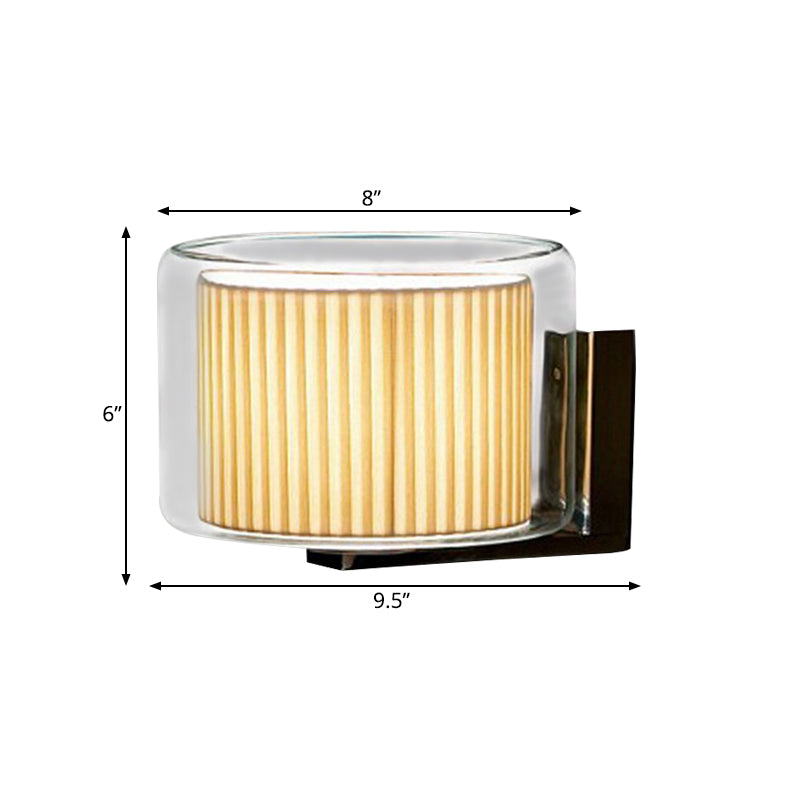 Beige Drum Wall Lamp Modernist 1 Head Pleated Fabric Sconce Light Fixture with Exterior Transparent Glass Shade Clearhalo 'Cast Iron' 'Glass' 'Industrial' 'Modern wall lights' 'Modern' 'Tiffany' 'Traditional wall lights' 'Wall Lamps & Sconces' 'Wall Lights' Lighting' 1789074