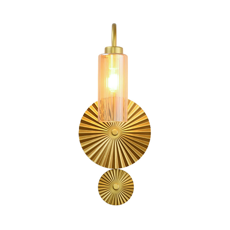 Brass Gooseneck Wall Mounted Lamp Mid Century 1 Head Iron Sconce Lighting with Clear/Amber Glass Shade and Scallop Backplate Clearhalo 'Cast Iron' 'Glass' 'Industrial' 'Modern wall lights' 'Modern' 'Tiffany' 'Traditional wall lights' 'Wall Lamps & Sconces' 'Wall Lights' Lighting' 1789148