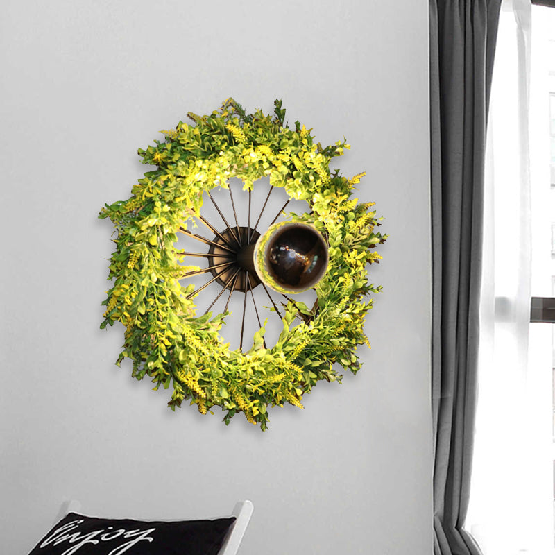 Green Wheel Wall Light Fixture Factory Iron 1 Bulb Restaurant Plant Wall Sconce Lighting Fixture, 16"/19.5" H Clearhalo 'Art deco wall lights' 'Cast Iron' 'Glass' 'Industrial wall lights' 'Industrial' 'Middle century wall lights' 'Modern' 'Rustic wall lights' 'Tiffany' 'Traditional wall lights' 'Wall Lamps & Sconces' 'Wall Lights' Lighting' 1789230