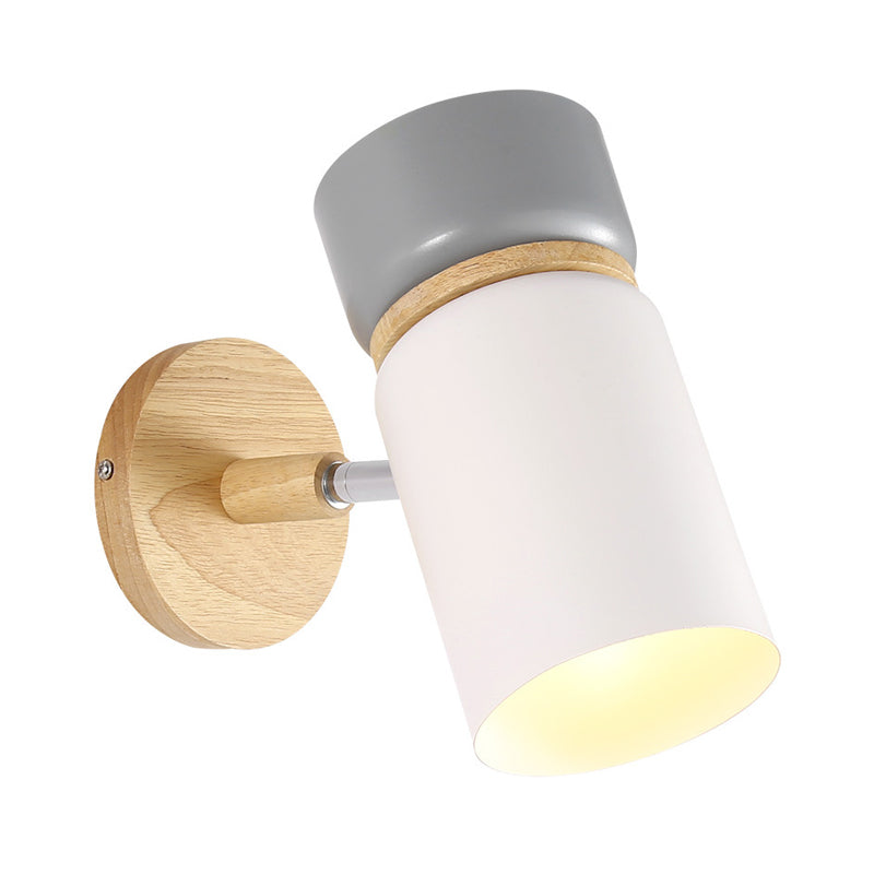 Grey-White Cylindrical Rotating Sconce Nordic Single Iron Wall Mounted Lamp with Wood Accent Clearhalo 'Modern wall lights' 'Modern' 'Wall Lamps & Sconces' 'Wall Lights' Lighting' 1789412