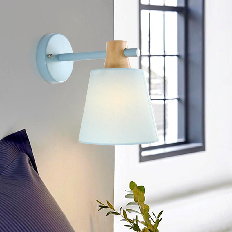 Conical Wall Light Fixture Macaron Fabric 1 Head Blue/White/Yellow Sconce Ideas with Straight Arm and Wood Lock Clearhalo 'Modern wall lights' 'Modern' 'Wall Lamps & Sconces' 'Wall Lights' Lighting' 1789575