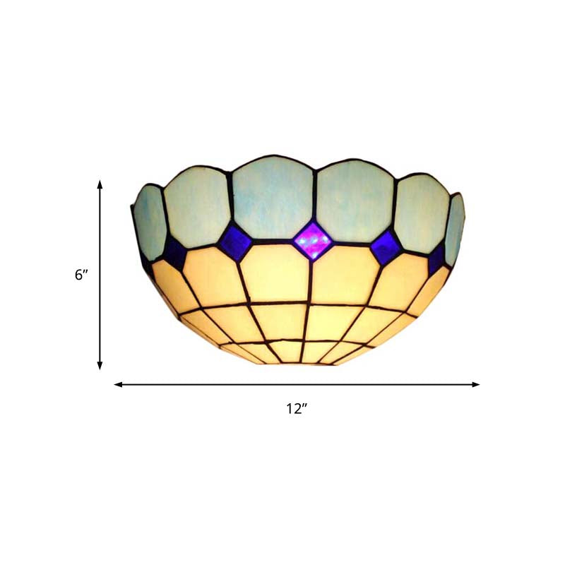 Tiffany Style Bowl Wall Sconce 2 Lights Art Glass Light Blue/Dark Blue Wall Light for Bedroom Lighting Clearhalo 'Industrial' 'Middle century wall lights' 'Tiffany wall lights' 'Tiffany' 'Wall Lamps & Sconces' 'Wall Lights' Lighting' 179021