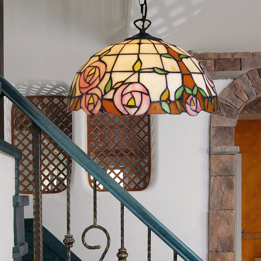 Beige Hand Cut Glass Hemisphere Suspension Light Tiffany 1 Bulb Ceiling Hanging Light with Flower Design Clearhalo 'Ceiling Lights' 'Close To Ceiling Lights' 'Industrial' 'Middle Century Pendants' 'Pendant Lights' 'Pendants' 'Tiffany close to ceiling' 'Tiffany Pendants' 'Tiffany' Lighting' 179577