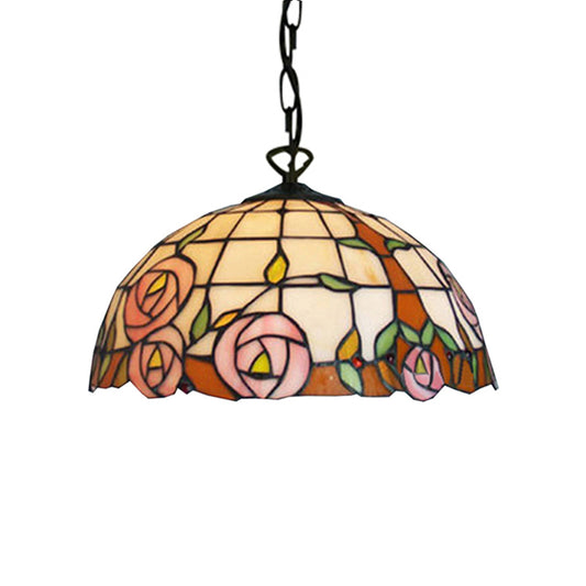 Beige Hand Cut Glass Hemisphere Suspension Light Tiffany 1 Bulb Ceiling Hanging Light with Flower Design Clearhalo 'Ceiling Lights' 'Close To Ceiling Lights' 'Industrial' 'Middle Century Pendants' 'Pendant Lights' 'Pendants' 'Tiffany close to ceiling' 'Tiffany Pendants' 'Tiffany' Lighting' 179578