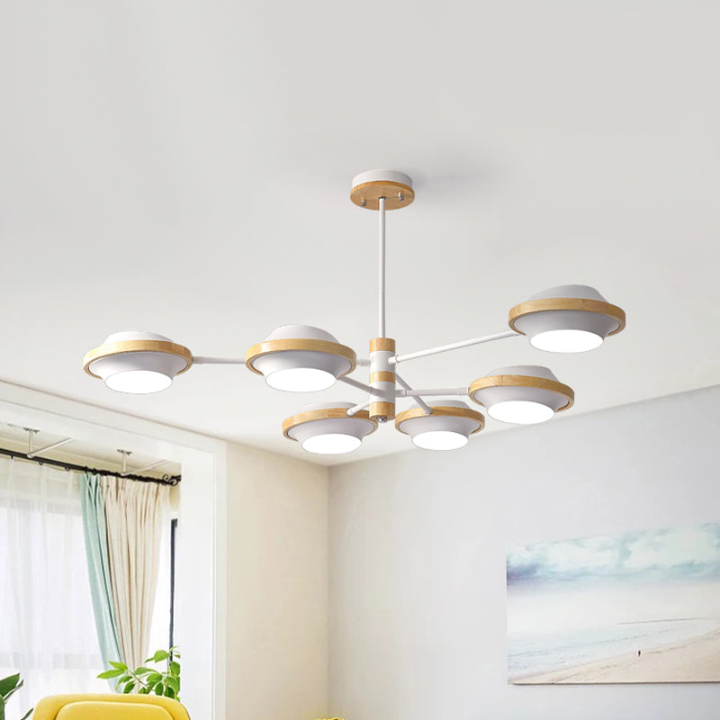 White UFO Ceiling Light Minimalist 3/6 Bulbs Iron Semi Flush Mount with Round Wooden Frame Clearhalo 'Ceiling Lights' 'Close To Ceiling Lights' 'Close to ceiling' 'Semi-flushmount' Lighting' 1795940