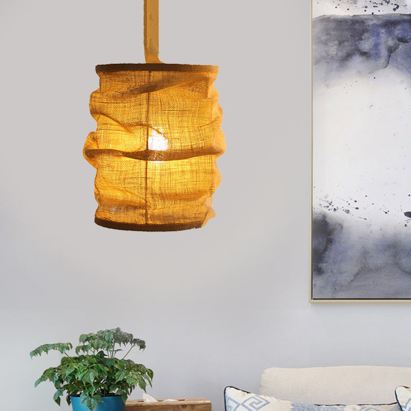 Vintage Style Lantern Ceiling Fixture 6.5"/9" W 1 Bulb Linen Hanging Lamp with Rope Cord in Yellow for Dining Room Yellow 6.5" Clearhalo 'Ceiling Lights' 'Pendant Lights' 'Pendants' Lighting' 1796447_9e335459-9ad1-4983-ba40-21e7cbaf72be