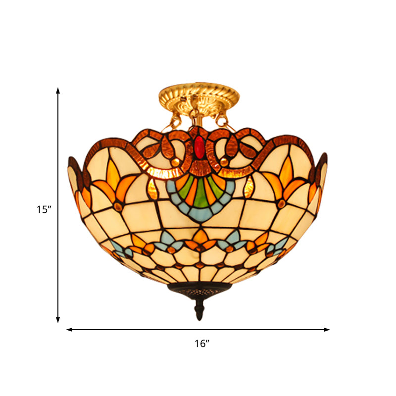 Bowl Semi Flush Light Victorian Style Stained Glass 3 Lights Semi Flushmount in Blue/Brown for Foyer Clearhalo 'Ceiling Lights' 'Close To Ceiling Lights' 'Close to ceiling' 'Glass shade' 'Glass' 'Pendant Lights' 'Semi-flushmount' 'Tiffany close to ceiling' 'Tiffany' Lighting' 179680