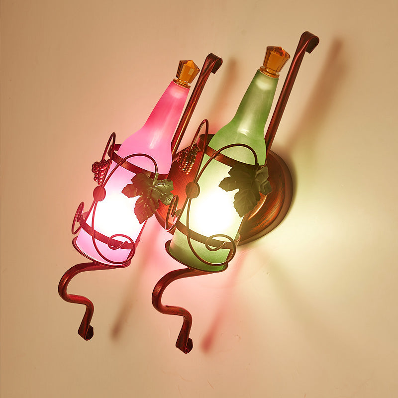 Industrial Bottle Shade Wall Sconce Lighting 2 Lights Frosted Glass Wall Lamp with Leaf Deco in Green and Pink Clearhalo 'Cast Iron' 'Glass' 'Industrial wall lights' 'Industrial' 'Middle century wall lights' 'Modern' 'Tiffany' 'Traditional wall lights' 'Wall Lamps & Sconces' 'Wall Lights' Lighting' 1797012