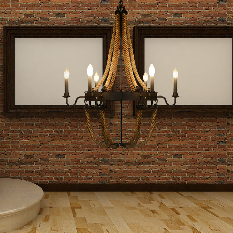 Metal Empire Chandelier Lamp Lodge Style 6/8 Lights Living Room Pendant Lighting with Rope Detail in Black Clearhalo 'Ceiling Lights' 'Chandeliers' 'Industrial Chandeliers' 'Industrial' 'Middle Century Chandeliers' 'Tiffany' Lighting' 180244