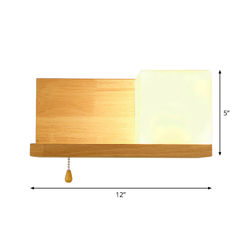 Simple Cubic Wall Sconce Light Opaque Glass 1 Bulb Living Room Wall Lamp with Oblong Wood Backplate in Beige Clearhalo 'Modern wall lights' 'Modern' 'Wall Lamps & Sconces' 'Wall Lights' Lighting' 1804623
