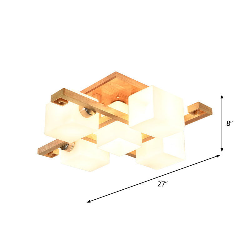Modernism 4/5 Heads Ceiling Lighting Beige Cubic Semi Flush Mount Lamp with Opaline Glass Shade Clearhalo 'Ceiling Lights' 'Close To Ceiling Lights' 'Close to ceiling' 'Glass shade' 'Glass' 'Semi-flushmount' Lighting' 1804835