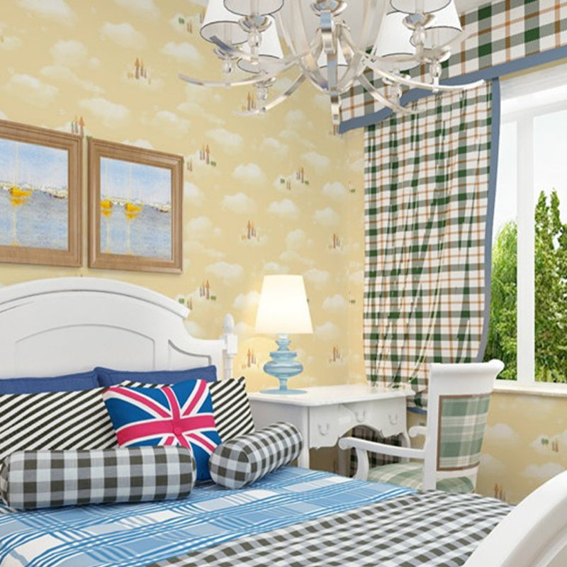 Non-Woven Wallpaper with Pastel Color Sky and Cloud for Children, 20.5 in x 33 ft, Non-Pasted Yellow Clearhalo 'Wall Decor' 'Wallpaper' 1806523