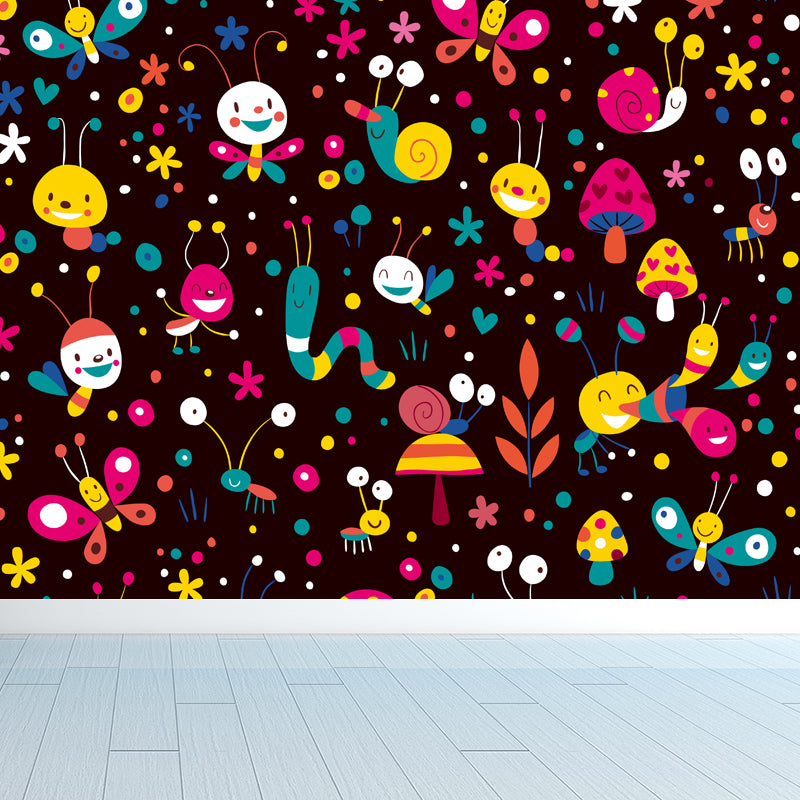 Colorful Flower Print Mural Decal Moisture Resistant Cartoon Nursery Wall Covering Black Clearhalo 'Wall Decor' 'Wall Mural' 1807243