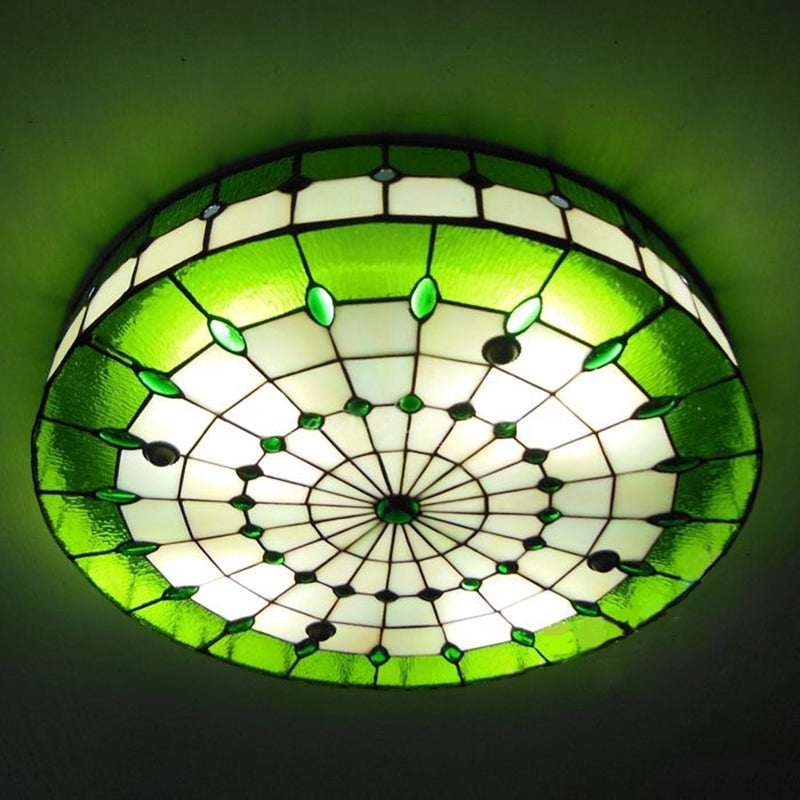 Green Round Ceiling Light Fixture Retro Style Stained Glass