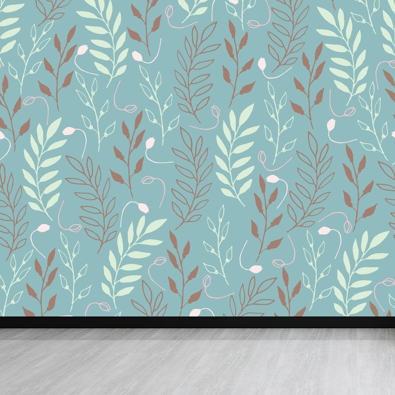 Illustration Flower Foliage Mural for House Interior, Soft Color, Custom Size Available Blue Clearhalo 'Wall Decor' 'Wall Mural' 1807618