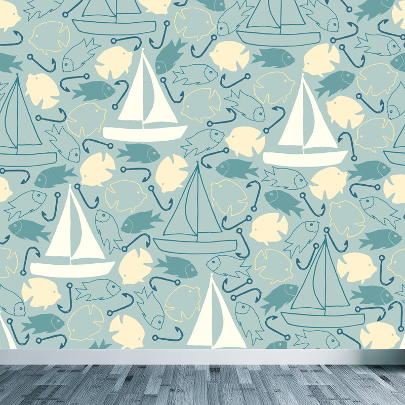 Mixed Pattern Wallpaper Mural Cartoon Non-Woven Fabric Wall Art for Boys Bedroom Light Green Clearhalo 'Wall Decor' 'Wall Mural' 1807653