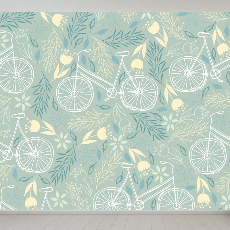 Illustration Leaves Pattern Wall Mural for Living Room, Pastel Color, Personalized Light Green Clearhalo 'Wall Decor' 'Wall Mural' 1807863