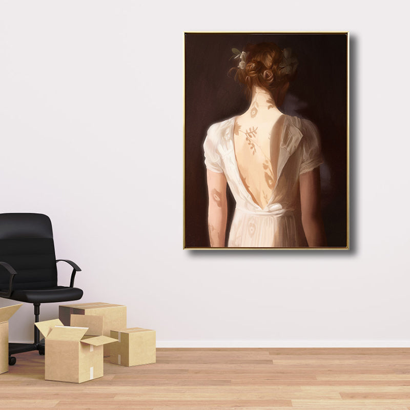 Light Brown Retro Canvas Painting Print Woman in White Wall Art Decor for Girls Room Brown Clearhalo 'Arts' 'Canvas Art' 1809266