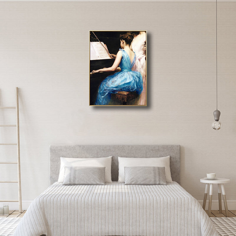 Blue Renaissance Wall Art Print Painting Girl Practicing Piano Canvas for Study Room Clearhalo 'Arts' 'Canvas Art' 1809742
