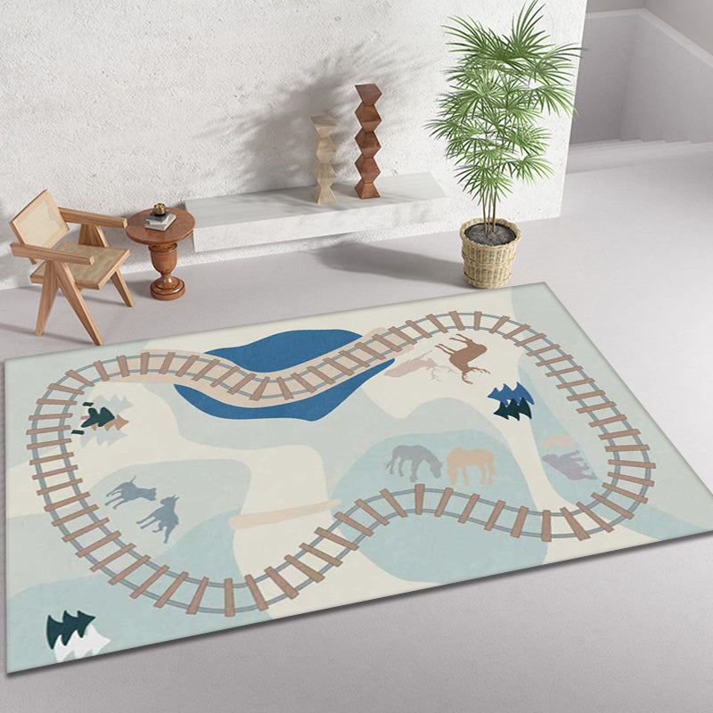 Blue Rail Pattern Rug with Animal Polyester Kids Rug Pet Friendly Washable Non-Slip Area Rug for Bedroom Clearhalo 'Area Rug' 'Rug' 1811480
