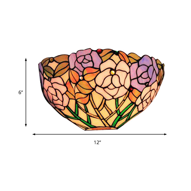Flowers Wall Mount Light Tiffany Lodge Stained Glass 1 Light Outdoor Wall Sconce in Blue and Pink Clearhalo 'Industrial' 'Middle century wall lights' 'Tiffany wall lights' 'Tiffany' 'Wall Lamps & Sconces' 'Wall Lights' Lighting' 181700