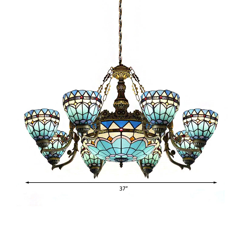 Vintage Domed Hanging Lamp Stained Glass 9 Lights Inverted Chandelier in Blue for Living Room Clearhalo 'Ceiling Lights' 'Chandeliers' 'Close To Ceiling Lights' 'Industrial' 'Middle Century Chandeliers' 'Tiffany Chandeliers' 'Tiffany close to ceiling' 'Tiffany' Lighting' 181993