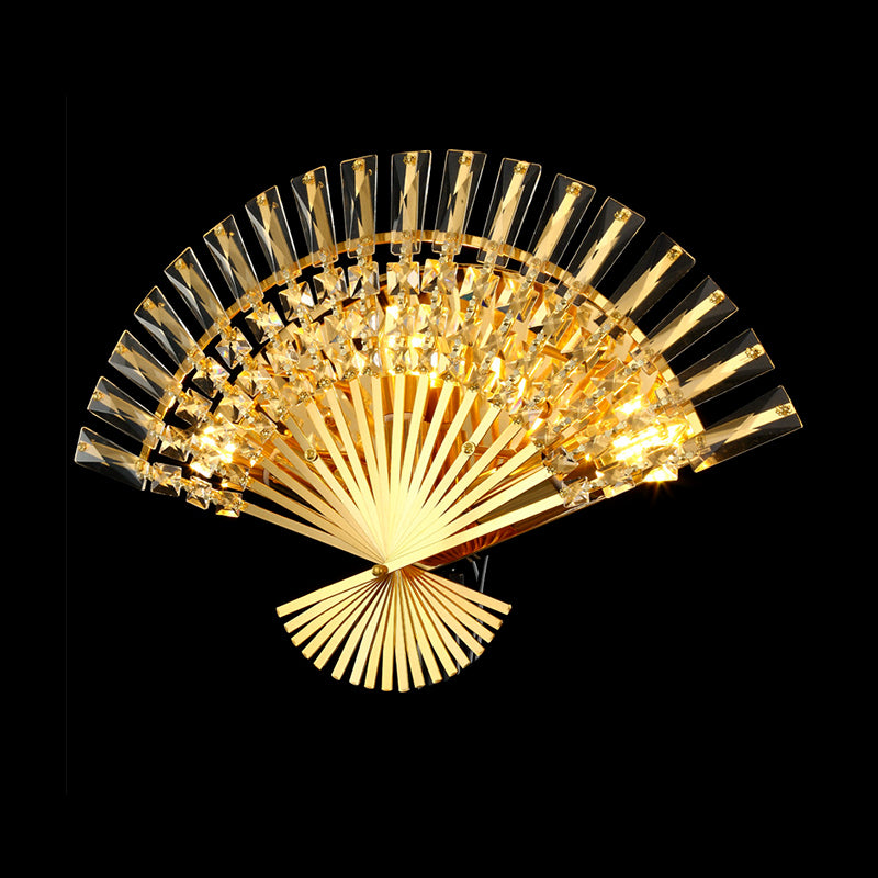 Golden Fan Shaped Sconce Lamp Vintage Style 3 Lights Metal Wall Light Fixture with Clear Crystal Decoration Clearhalo 'Modern wall lights' 'Modern' 'Wall Lamps & Sconces' 'Wall Lights' Lighting' 1820706