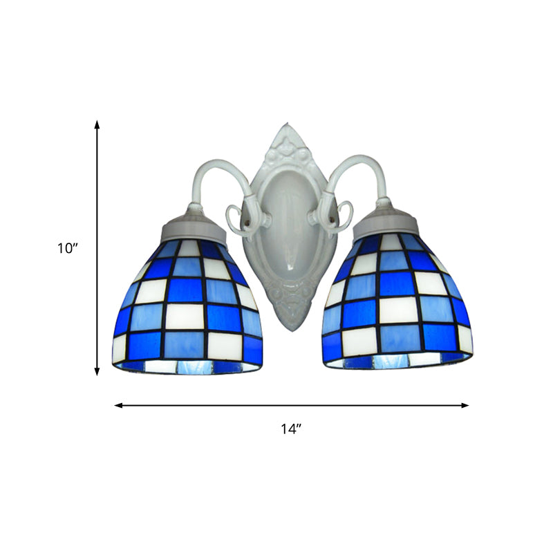Mosaic Dome Wall Lighting Blue Glass 2 Lights Bathroom Wall Mounted Lamp in White Finish Clearhalo 'Industrial' 'Middle century wall lights' 'Tiffany wall lights' 'Tiffany' 'Wall Lamps & Sconces' 'Wall Lights' Lighting' 182636