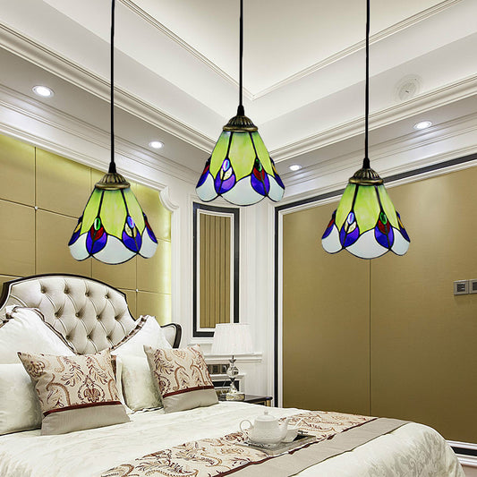 Tiffany-Style Cone Cluster Pendant 3 Heads Handcrafted Art Glass Suspension Lamp in Green for Bedroom Green Clearhalo 'Ceiling Lights' 'Chandeliers' 'Industrial' 'Middle Century Pendants' 'Pendant Lights' 'Pendants' 'Tiffany close to ceiling' 'Tiffany Pendants' 'Tiffany' Lighting' 182802