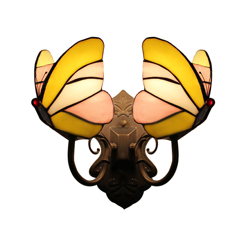 Butterfly Wall Mount Fixture Country Stained Glass 2 Lights Wall Sconce Lamp Fixture for Living Room Clearhalo 'Industrial' 'Middle century wall lights' 'Tiffany wall lights' 'Tiffany' 'Wall Lamps & Sconces' 'Wall Lights' Lighting' 183361