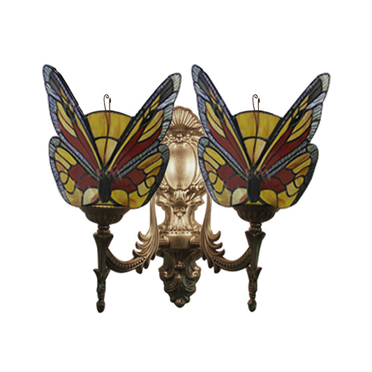Retro Style Butterfly Wall Sconce Stained Glass 2 Lights Colorful Wall Fixture Light for Stairway Clearhalo 'Industrial' 'Middle century wall lights' 'Tiffany wall lights' 'Tiffany' 'Wall Lamps & Sconces' 'Wall Lights' Lighting' 183375