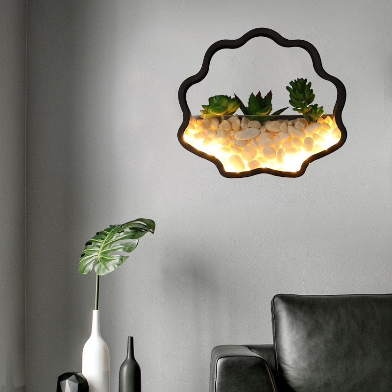 Fake Succulent Plant Wall Light Metal Stone Modern Creative Sconce Light in Black for Bedroom Black Wavy Clearhalo 'Wall Lamps & Sconces' 'Wall Lights' Lighting' 183876